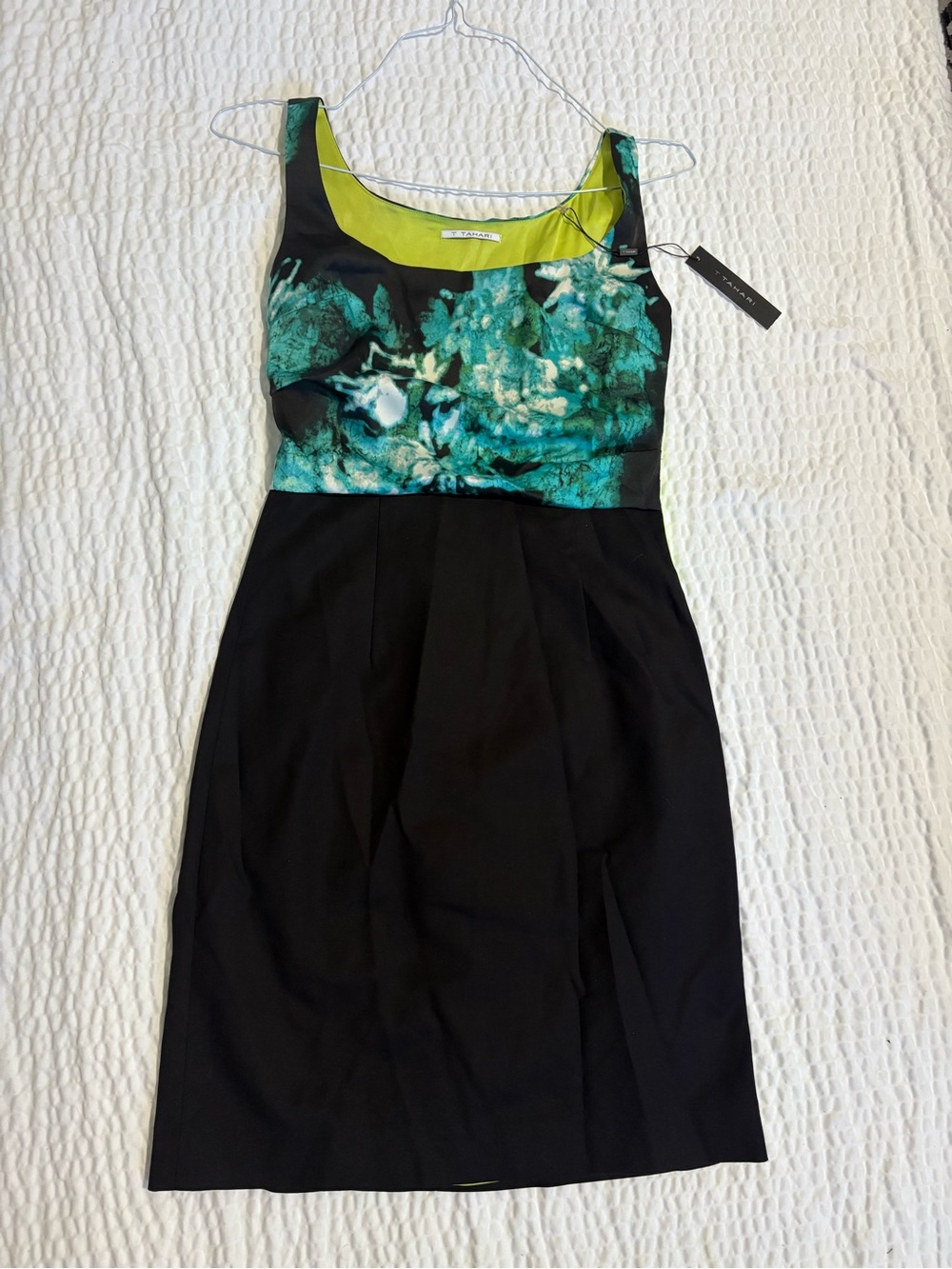 T Tahari Black Sheath Dress with Teal Floral Bodice and Lime Neckline